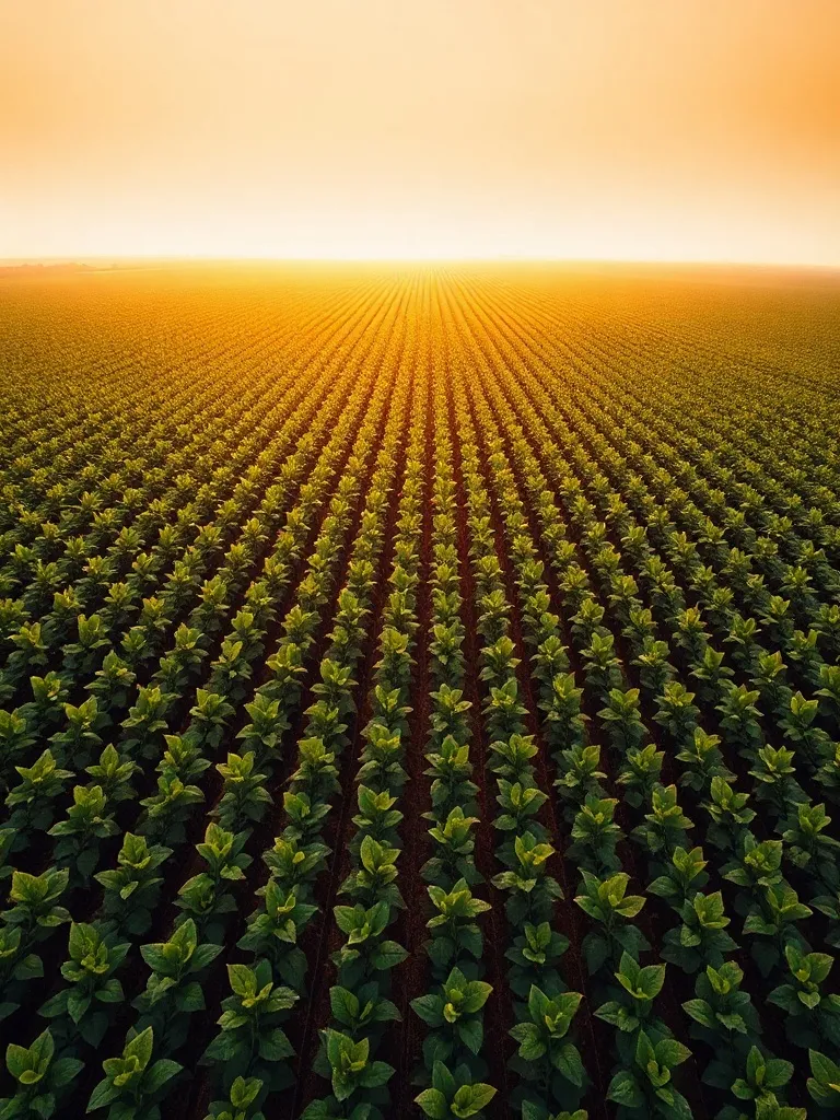 A professional aerial photograph of a vast soybean field dur