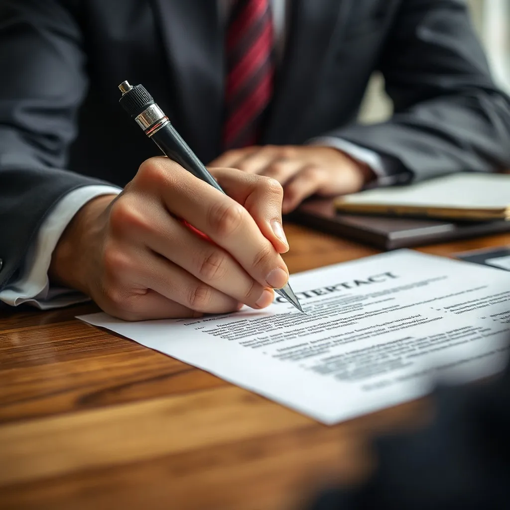 Close up of a hand signing a formal financial contract on a