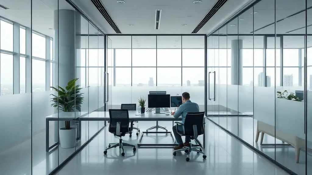 A minimalist modern office interior, glass walls, profession