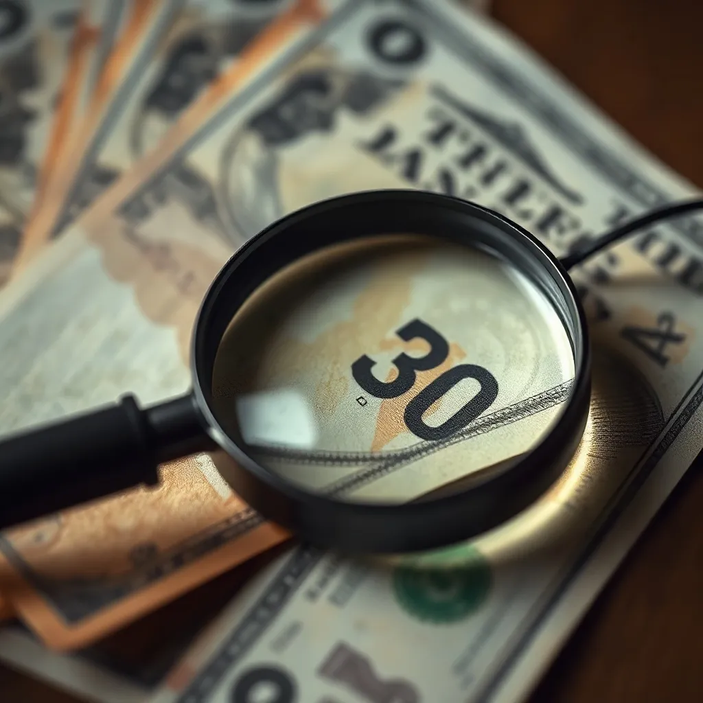 Close up of old currency notes and a magnifying glass, drama