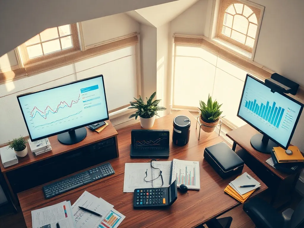 Professional financial office with charts on screens, docume