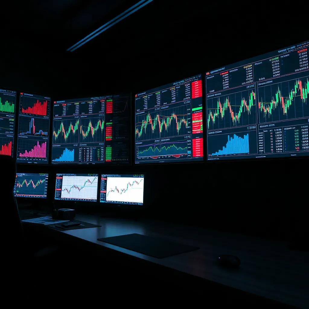 Professional financial office with charts and data screens,