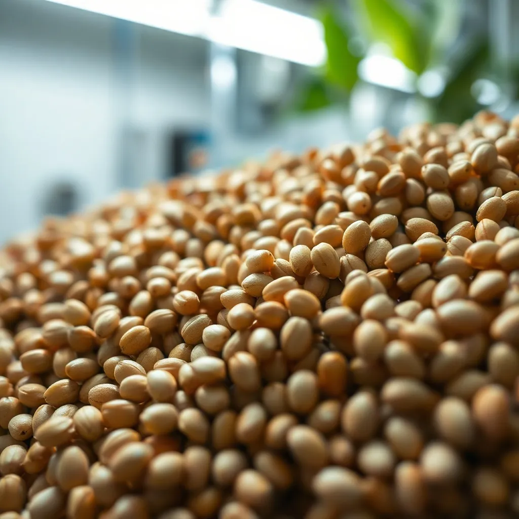 Close up of high quality soybean seeds in a laboratory setti