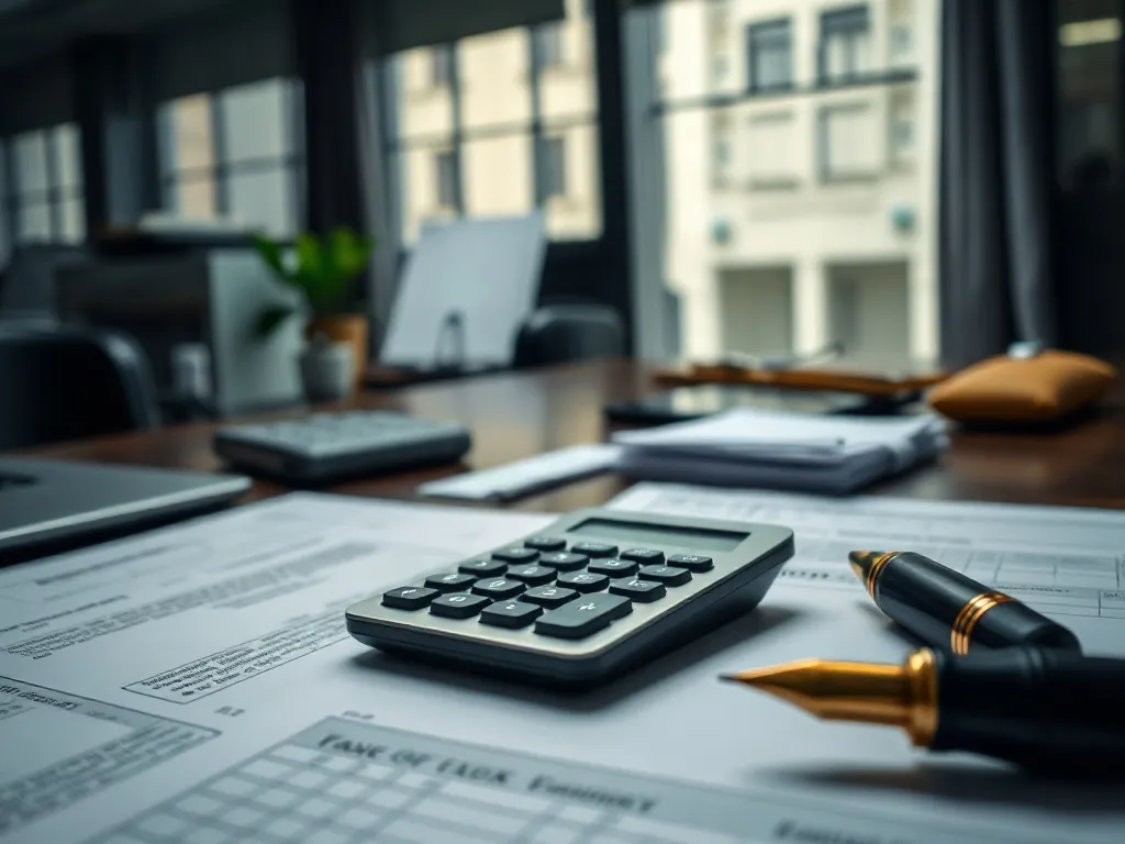 A professional office desk with a calculator, tax forms, and